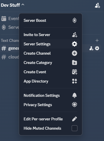 The Discord server settings dropdown